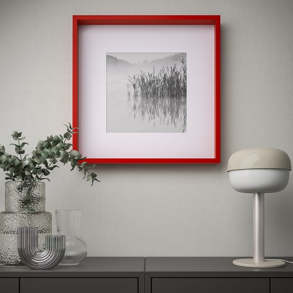 Sala de estar moderna con paisaje en blanco y negro con marco rojo, eucalipto y lámpara.