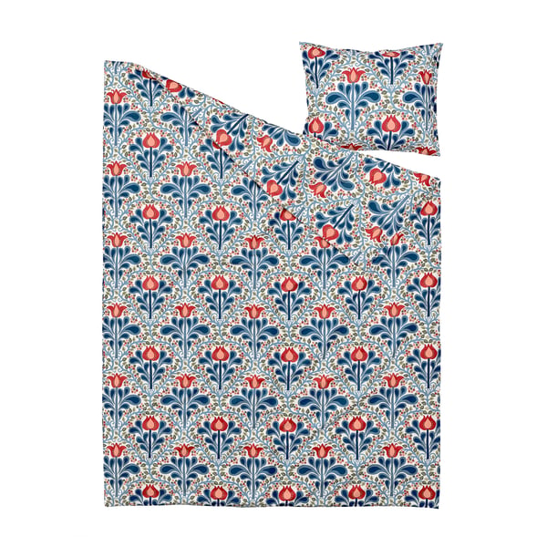 Set de fundas nórdicas florales intrincados de SÄTERVIDE en azul y rojo, elaborado con mezcla de algodón reciclado y lyocell. Patrón detallado y tradicional.