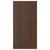Mueble de cocina en tono madera oscura con chapa de roble y borde de madera maciza, forma rectangular.