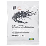 Empaque de camarones IKEA sjörraport, logotipo marino destacado, imagen de camarones, peso escurrido de 250 g, certificado MSC sostenible.
