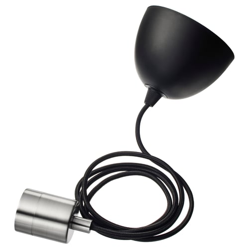 SKAFTET lámpara de techo negra moderna, acero y plástico, forma de cono, diseño de cordón.