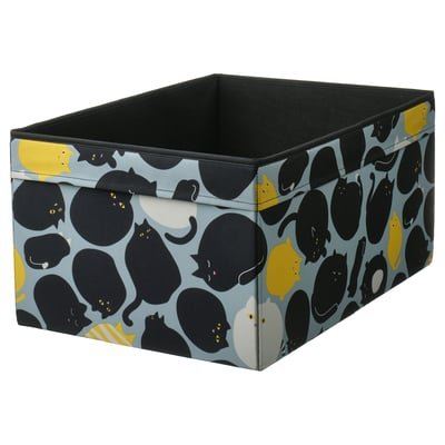 Caja de almacenamiento con temática de gato negra y amarilla, gris claro con lados negros, rectangular, plegable, hecha de poliéster reciclado.