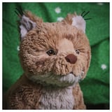 Peluche de lince con detalles bordados sobre fondo verde.