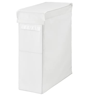 Bolsa de lavandería SKUBB blanca para espacios estrechos; rectangular, parte superior con cremallera, exterior de tela.
