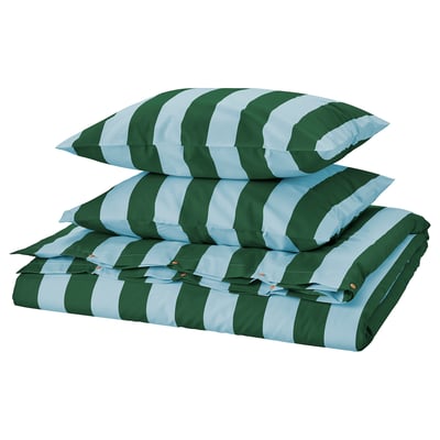 SLÅNHÖSTMAL Funda nórdica y 2 fundas almohada, azul claro verde oscuro/raya, 240x220/50x60 cm
