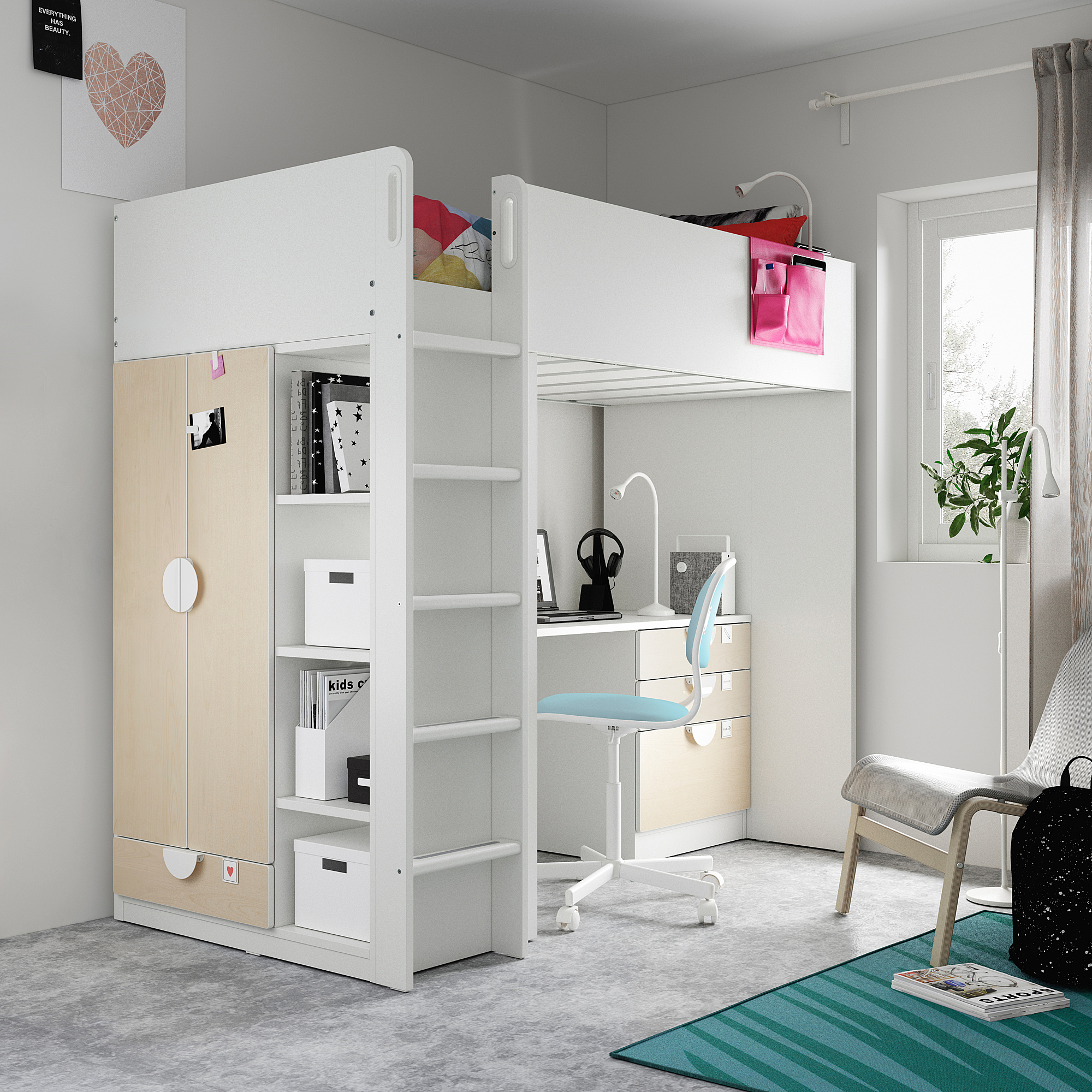 SMÅSTAD Cama alta blanco abedul/con escritorio con 4 cajones IKEA