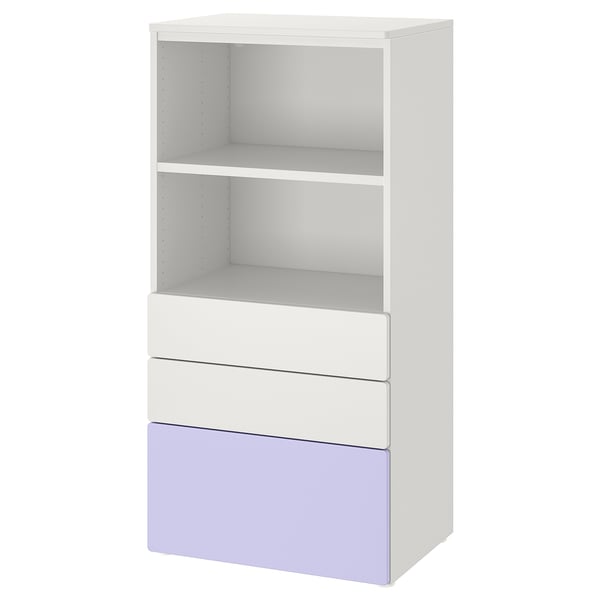 Una librería SMÅSTAD blanca con cajones morados, con estantes abiertos y cajones para almacenamiento.
