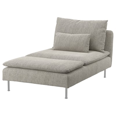 Esta imagen muestra una chaise longue SÖDERHAMN, de color gris, con un diseño moderno y patas altas para facilitar la limpieza.