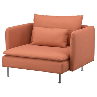 Sillón SÖDERHAMN naranja. Asiento suave y profundo, funda de pana de color chocolate, patas cromadas.