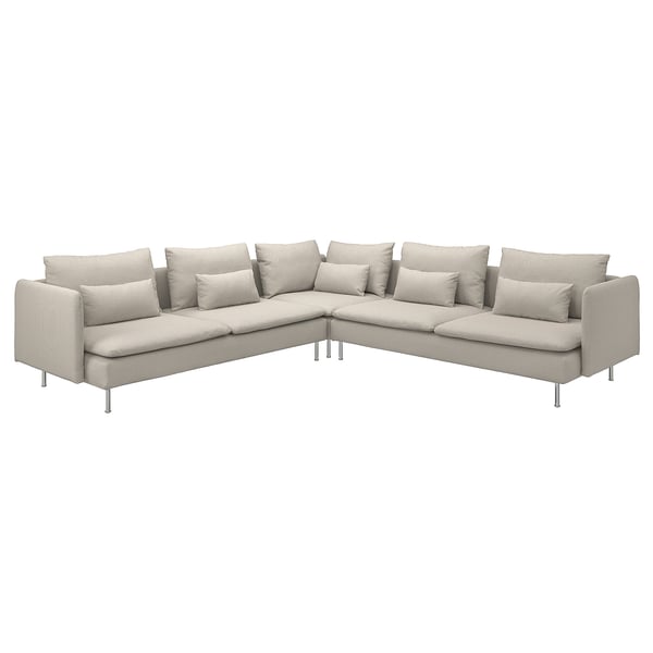 SÖDERHAMN Moderno sofá modular gris en forma de L con cojines beige, con un diseño profundo y cómodo.