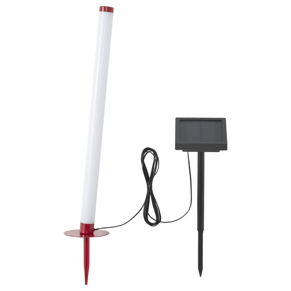 Lámpara solar SOLVINDEN en rojo y blanco. Diseño alto y cilíndrico con panel solar en estaca.
