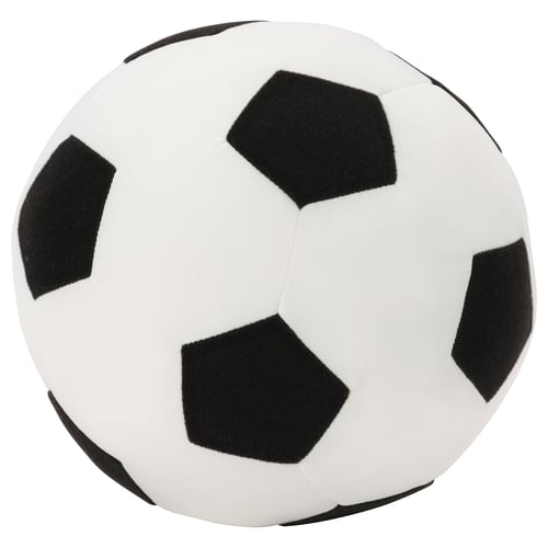 Balón de fútbol suave con motivos negros. Fabricado en poliéster.