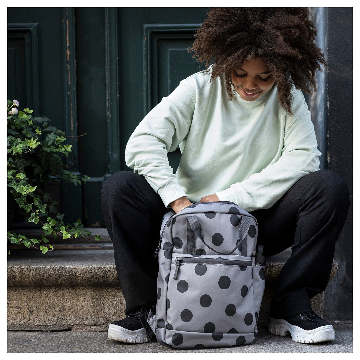 STARTTID Mochila, lunares/gris/gris oscuro, 27x9x38 cm/12 l - IKEA