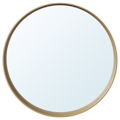 Espejo redondo dorado STOCKHOLM - elegante marco de roble con estante - perfecto para el baño o el dormitorio.