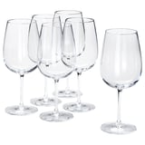 Seis copas de vino de cristal SORSININT, claras, de tallo largo, altas, agrupadas sobre fondo blanco.