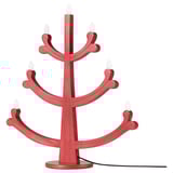 Candelabro rojo STRÅLA con madera de pino, siete bombillas led, forma tradicional escandinava. Brillo suave, cálido, decorativo para fiestas.