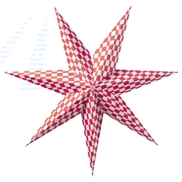 Estrella de papel STRÅLA, diseño a cuadros rojos-blancos, forma 3D, piezas de acero inoxidable.