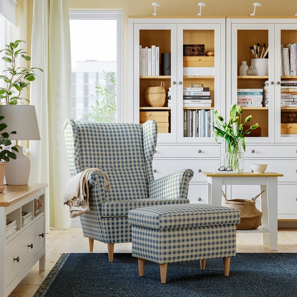 STRANDMON Reposapiés con almacenaje, Sulviken azul/beige