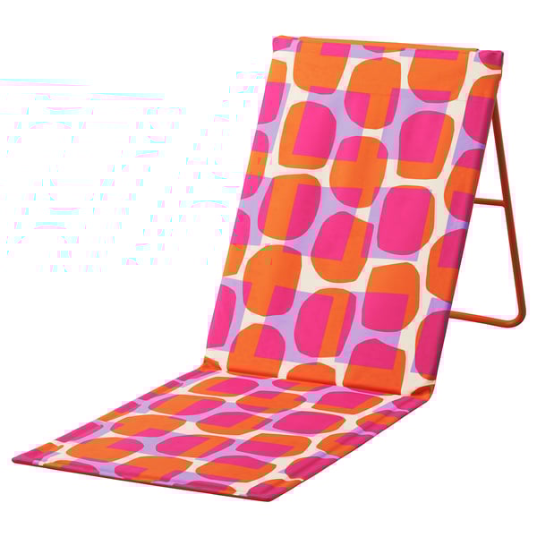Colorida silla de playa STRANDÖN. Patrón rosa brillante y naranja. Cómodo con la espalda ajustable, relleno suave. Marco metálico, poliéster reciclado.