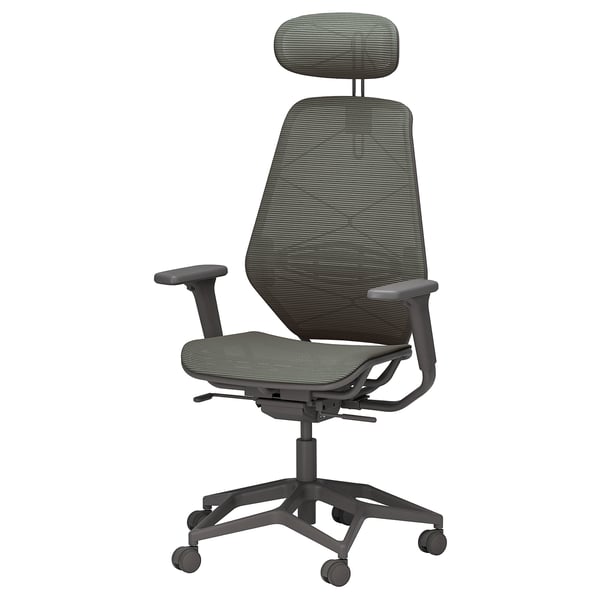 Silla gaming ergonómica STYRSPEL gris con respaldo de malla, reposacabezas y reposabrazos ajustables.