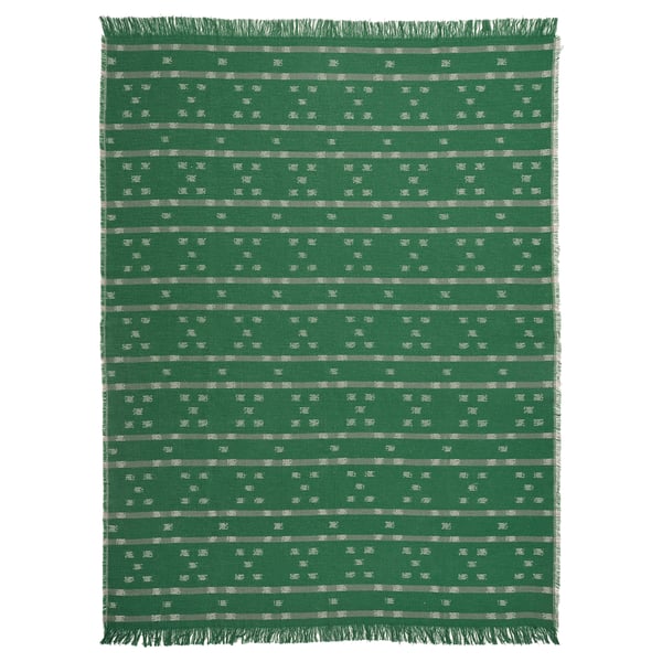 Manta de algodón SVINROT verde oscuro, tejido jacquard con estampado blanco-grisáceo, bordes con flecos.