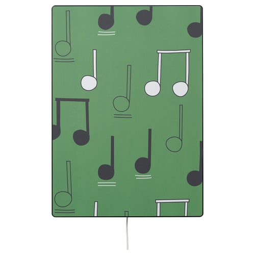 Funda de tela SYMFONISK verde para notas musicales, rectangular con cordón blanco.