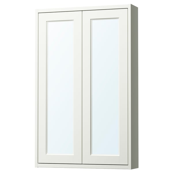 Mueble de baño TÄNNFORSEN blanco, de pared con puertas de espejo y estantes de cristal.