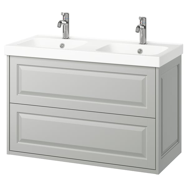 Mueble de baño de pared gris con doble lavabo y dos cajones.