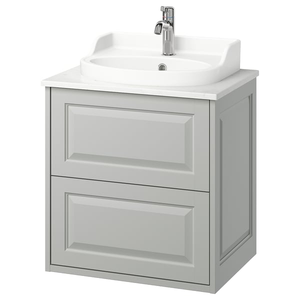 Mueble de baño TÄNNFORSEN gris claro, suspendido con cantos biselados, lavabo cerámico, grifería cromada.
