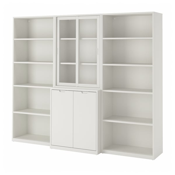 Mueble de almacenaje TONSTAD de color blanco roto con estantes, armarios y puertas correderas de cristal.
