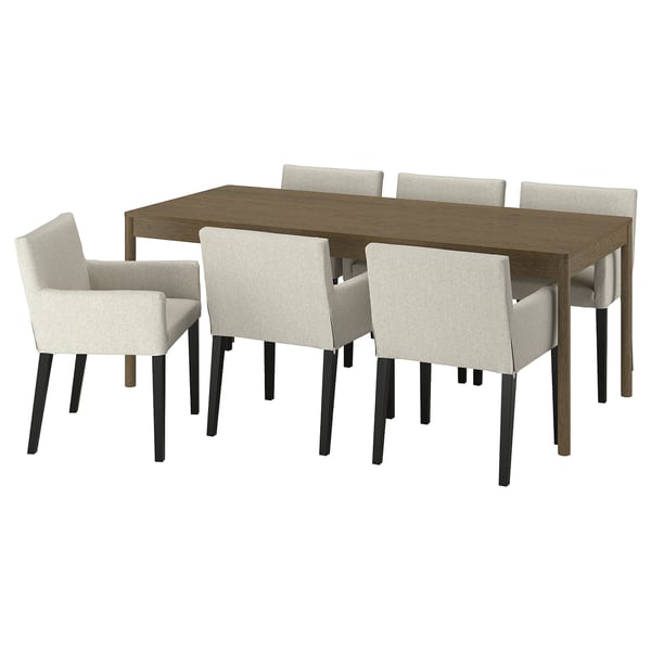 TONSTAD / MÅRENÄS Mesa y 6 sillas, marrón chapa roble/Gunnared beige negro, 200x85 cm