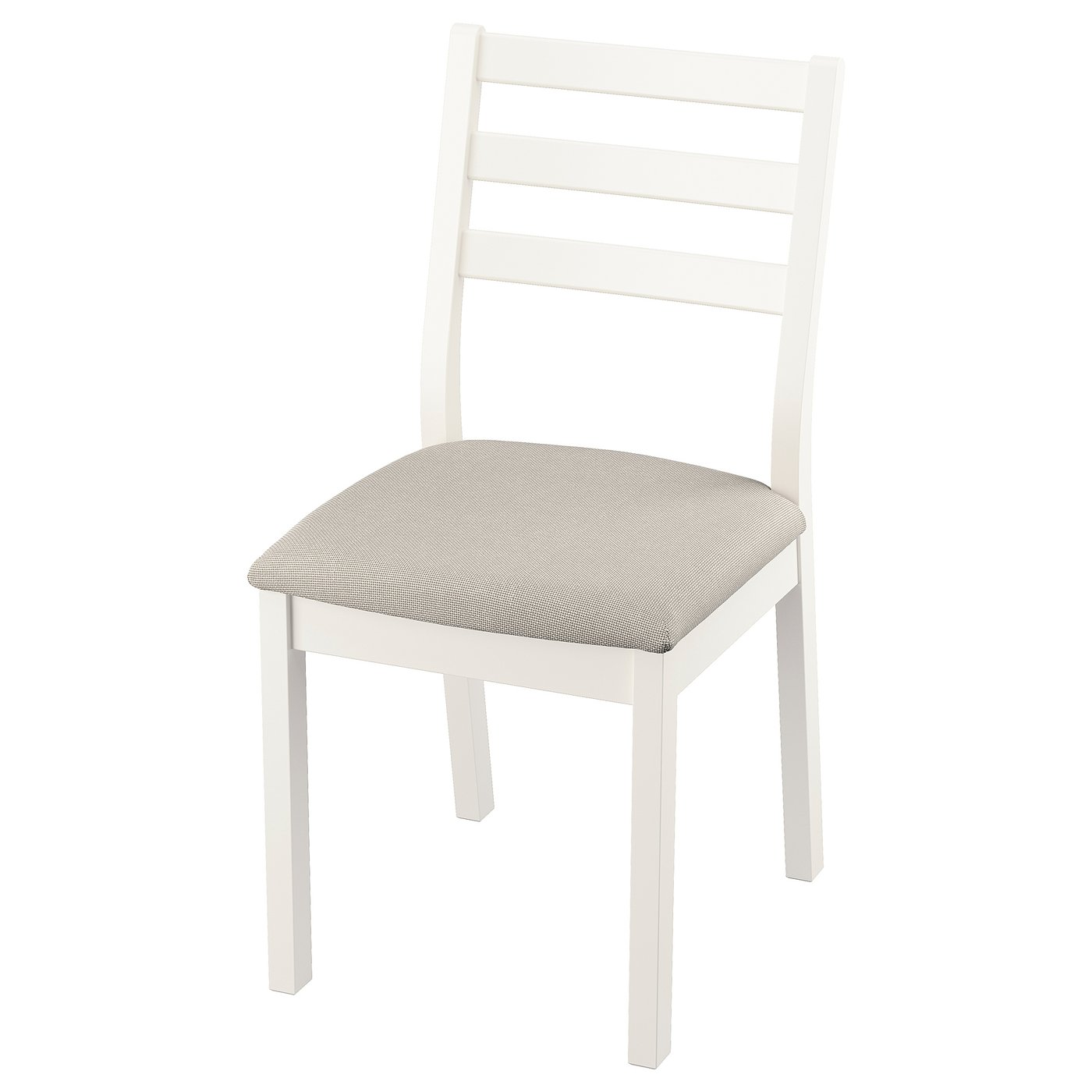 Una silla TONSTAD de madera blanca con un asiento acolchado. Tiene un diseño limpio y elegante de respaldo de escalera y una funda de asiento de tela texturizada.