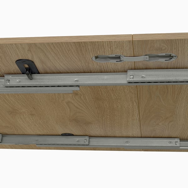 El mecanismo de mesa transformable, que destaca los rieles metálicos que permiten que la mesa se extienda o se pliegue, útil para comer en un espacio eficiente.