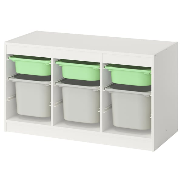 Mueble de almacenaje TROFAST blanco con contenedores verdes y blancos.