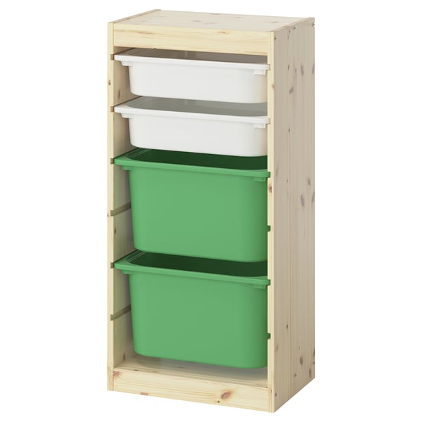 Un mueble de almacenaje TROFAST de ikea con estructura de madera clara, dos cubos verdes y dos bandejas blancas.