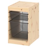 Estructura de madera clara TROFAST con cestas de malla negra, tres compartimentos.