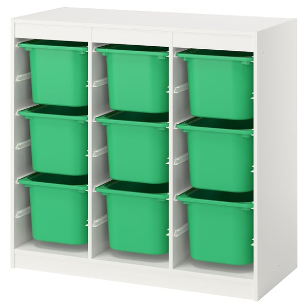 TROFAST Combinación de almacenaje con cajas, separador de ambientes/blanco verde vivo, 99x44x94 cm
