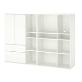 Almacenaje modular VIHALS blanco en forma de L con estantes y cajones para un uso doméstico organizado.