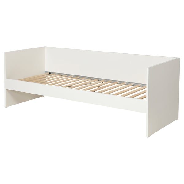 Un sofá cama VIHALS blanco con listones de madera. Es rectangular, de líneas limpias y no tiene herrajes visibles.