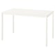 Una mesa blanca de forma cuadrada de IKEA VIHALS con un diseño minimalista y patas de metal con recubrimiento en polvo.