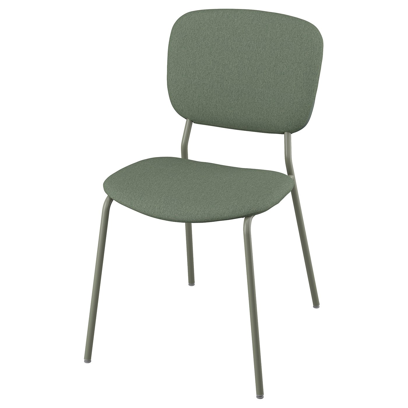 Una silla tapizada verde con patas de metal, respaldo y asiento acolchado para mayor comodidad.