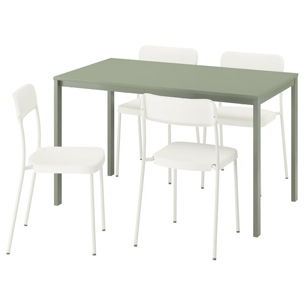 Una mesa de comedor verde VIHALS con cuatro sillas blancas. Diseño minimalista, fabricado en metal y plástico.