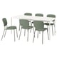 Opción: Mesa de comedor rectangular blanca VIHALS con cuatro sillas tapizadas en verde. Diseño minimalista moderno, marco de acero duradero.