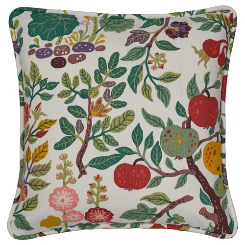 Funda de cojín VILDPERSILJA: blanco, vibrante diseño floral, de árboles y frutas; cuadrado, mezcla de algodón y lino.