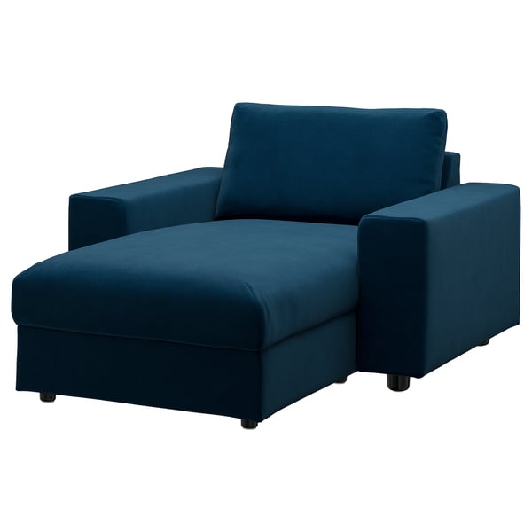 Sofá silla moderno azul, VIMLE, asientos profundos, almacenamiento debajo, terciopelo azul oscuro.