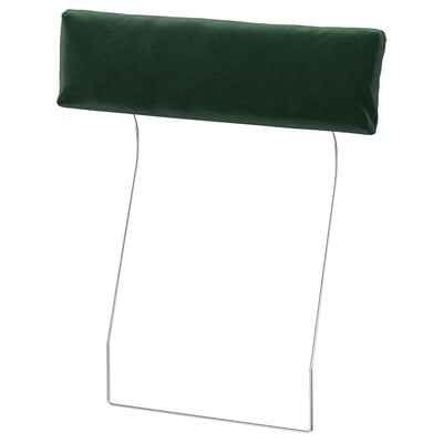 Un reposacabezas con cojín VIMLE verde. Tiene una forma rectangular con un material de terciopelo suave y profundo.