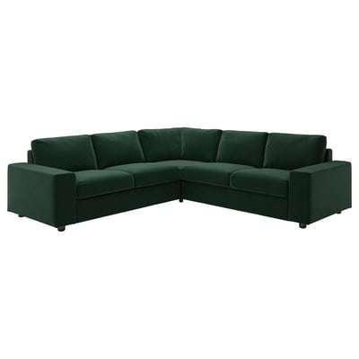 Sofá esquinero VIMLE verde oscuro con textura aterciopelada de pelo profundo.
