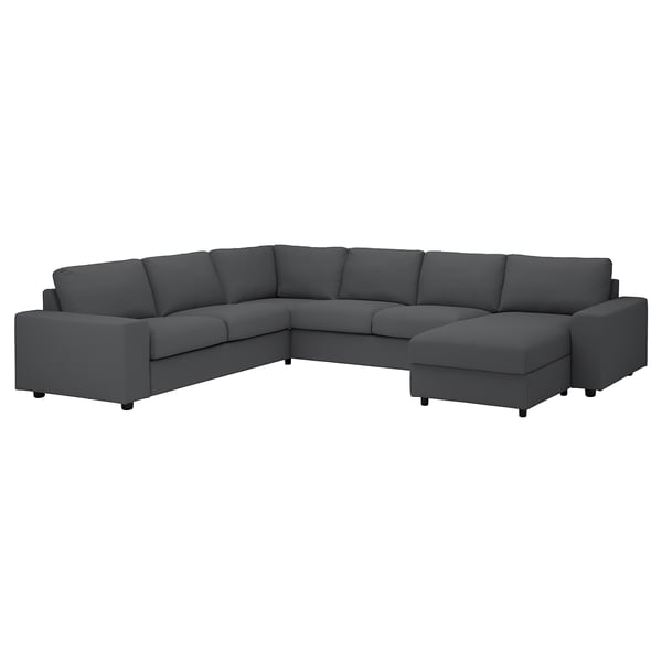 Sofá modular gris VIMLE, diseño moderno, en forma de L, cojines afelpados, tejido oscuro.