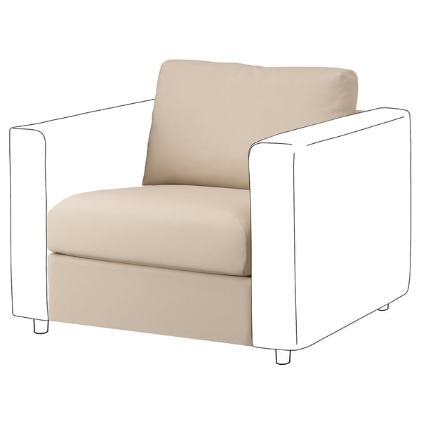 Un sillón VIMLE beige. Tiene un diseño cuadrado minimalista con cojines de felpa, perfecto para espacios pequeños.