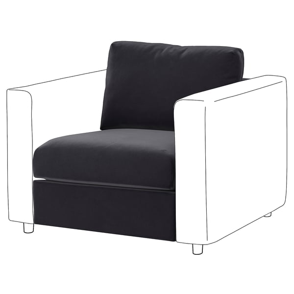 Sofá silla VIMLE negra con terciopelo suave y profundo, forma de cubo moderna y líneas limpias.